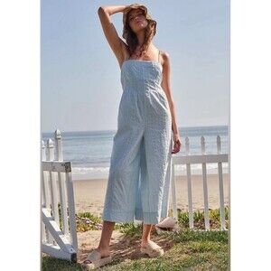 Free People Devon Square Neck Strappy Blue Cotton Wide Leg Boho Jumpsuit Sz XS